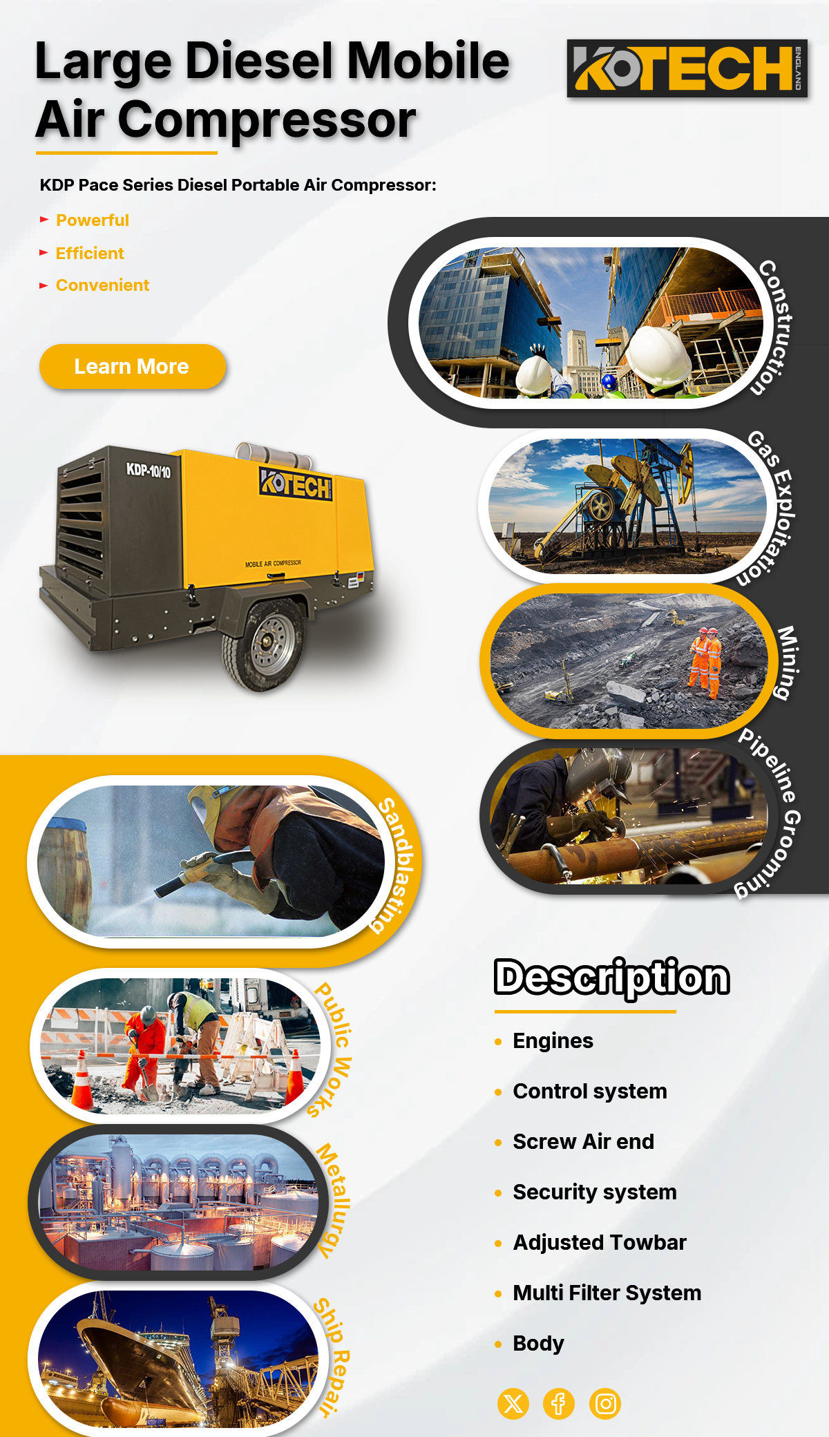 KDP Pace Series Large Diesel Mobile air compressor applications