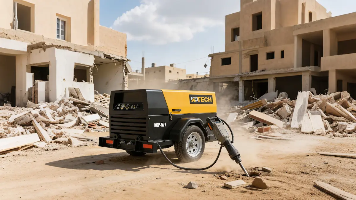 Post-war reconstruction scene in the Middle East showing the application of traction air compressors